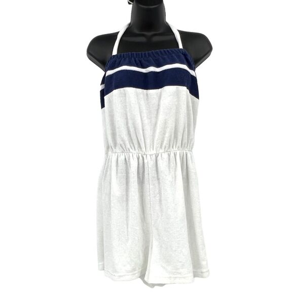 Vintage Womans White Navy Striped Terry Cloth Romper‎ Medium - Picture 1 of 3